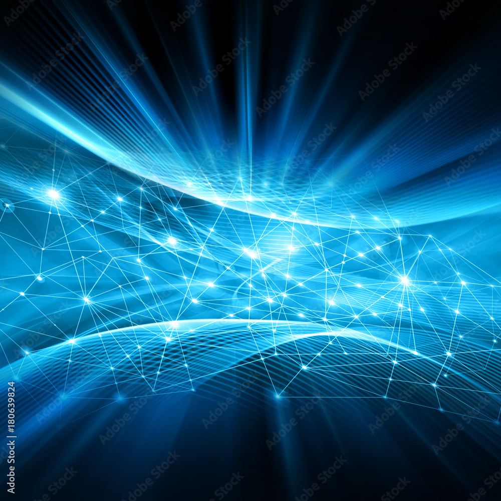 Abstract background with connected lines and dots for your design. Smooth lines, beautifully intertwined, shining dots and flashes on a dark background Abstract background with connected lines and dots for your design. Smooth lines, beautifully intertwined, shining dots and flashes on a dark background