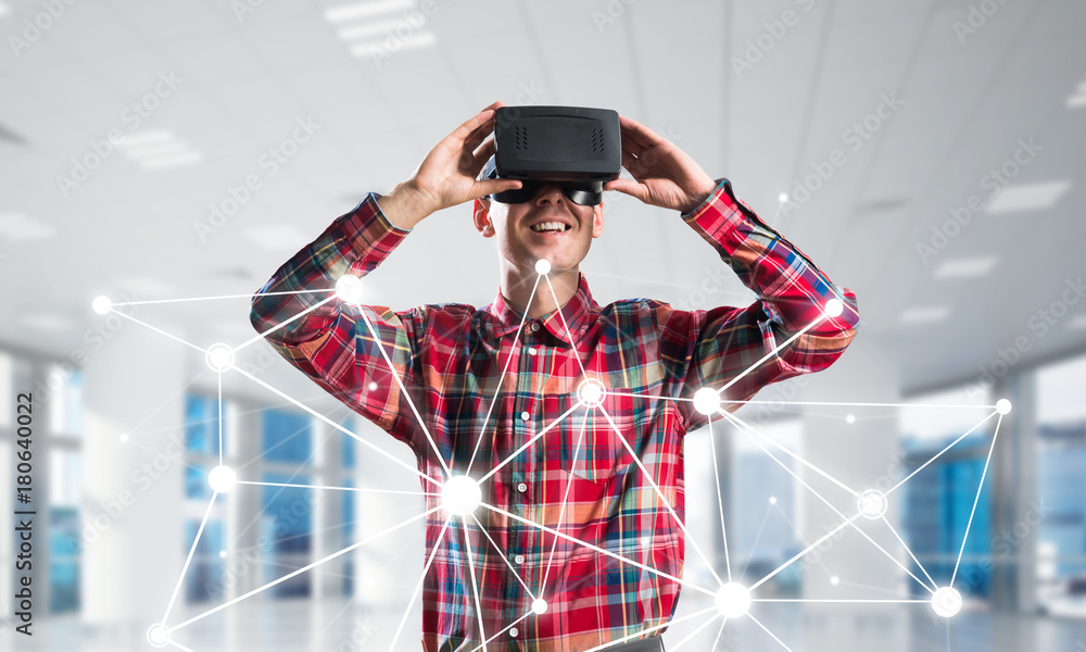 Guy wearing checked shirt and virtual mask demonstrating some emotions Guy wearing checked shirt and virtual mask demonstrating some emotions