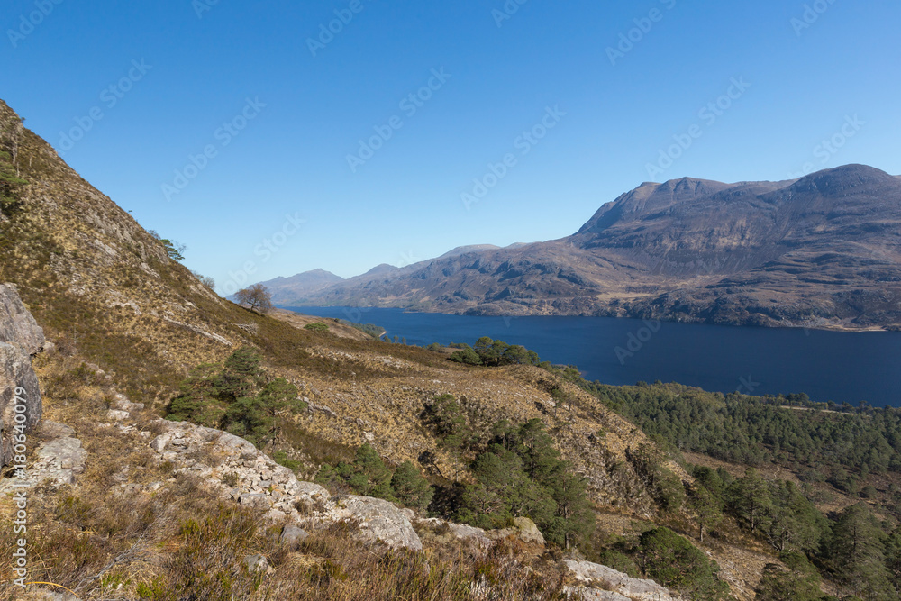 View of Loch Maree and mountain Slioch from the mountain trails in Beinn Eighe Nature Reserve.