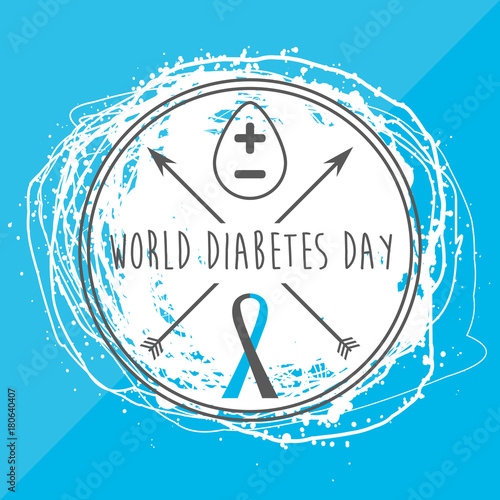 World Diabetes Day. Blood drop. Gray and blue ribbon. Symbol of diabetic and fight against diabetes. Medical flat illustration. Health care