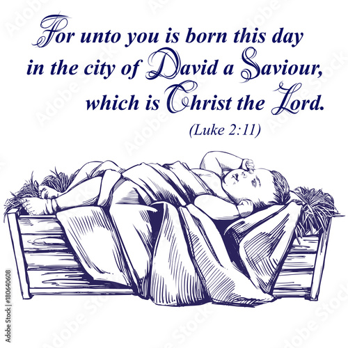 Christmas story. Christmas night , baby Jesus in the manger, Son of God , symbol of Christianity hand drawn vector illustration.