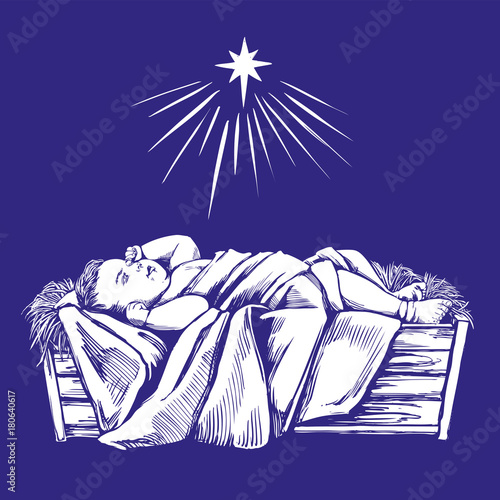 Christmas story. Christmas night , baby Jesus in the manger, Son of God , symbol of Christianity hand drawn vector illustration.
