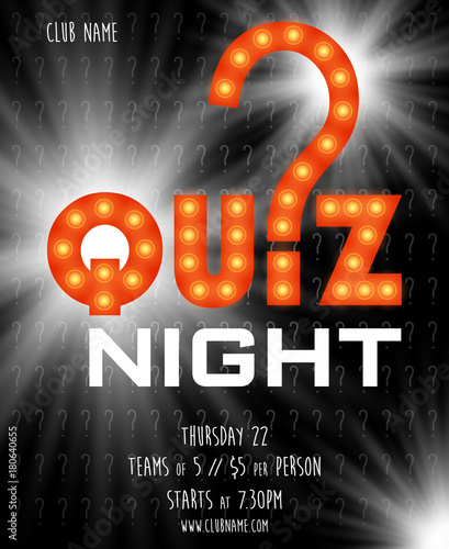 Quiz night announcement poster design web banner background vector illustration. Pub quiz held in a pub or bar, night club. Modern pub team game. Questions game shining retro light banner