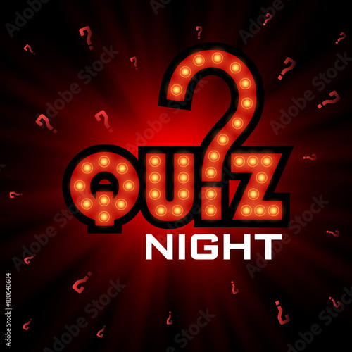 Quiz night announcement poster design web banner background vector illustration. Pub quiz held in a pub or bar, night club. Modern pub team game. Questions game shining retro light banner