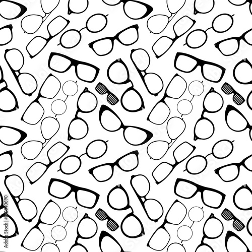 Seamless pattern with glasses on white background.Sunglasses, eyeglasses black silhouettes. Flat design Vector Illustration EPS