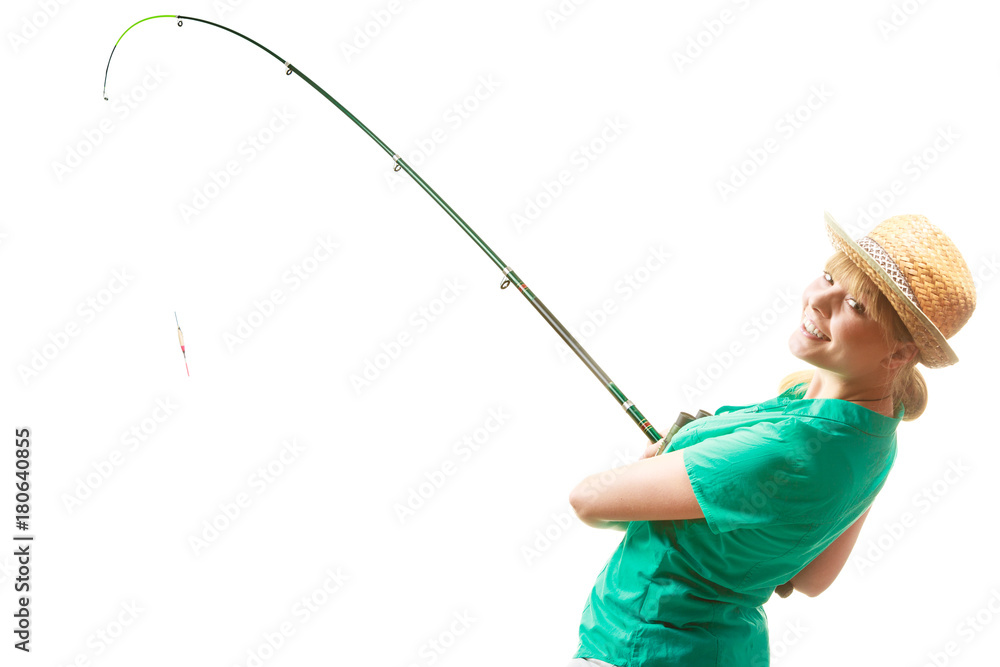 Woman with fishing rod, spinning equipment Woman with fishing rod, spinning equipment