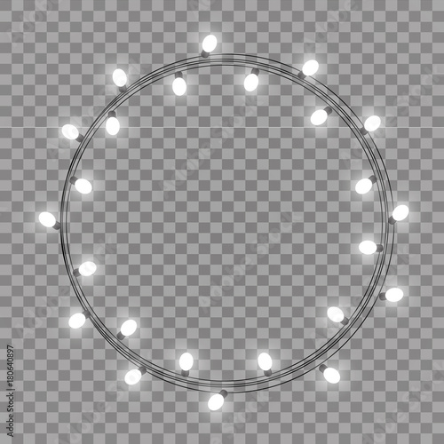 Garlands Christmas decorations lights effects. Isolated vector design elements. Glowing lights for Xmas Holiday greeting card design. Christmas decoration realistic luminous garland