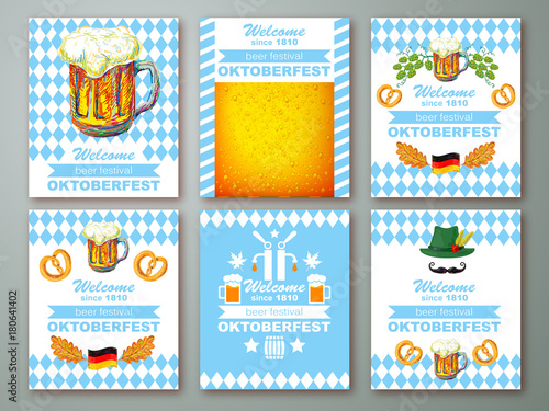 Oktoberfest Germany greeting card collection. Set of posters with mug of beer, pretzels, hat on background of blue rhombuses. Oktoberfest sticker, flyer, poster, banner, tag or label