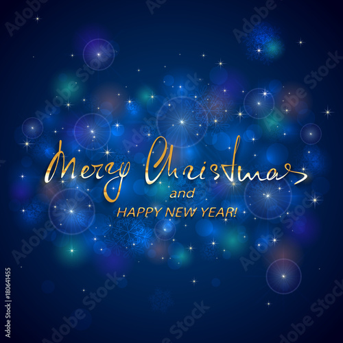 Golden lettering Merry Christmas and Happy New Year on blue background