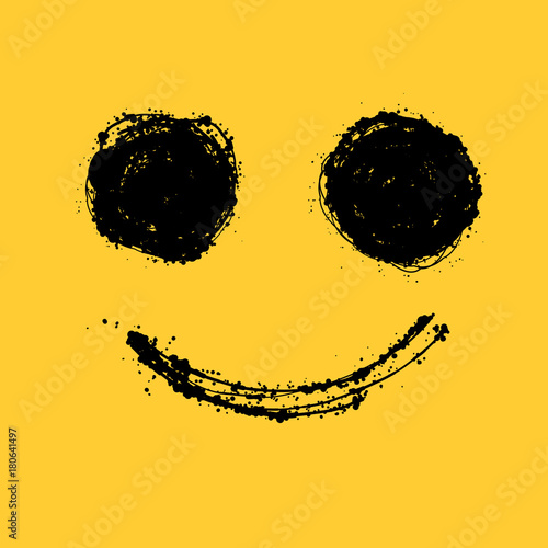 Smile design minimalism yellow background. Smiling emoticon vector illustration. Grunge brush strokes distressed texture. Positive feelings. Happy face emotion