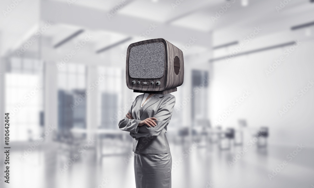 Business woman with old TV instead of head.