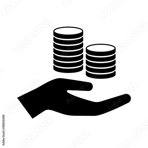 Icon of hand holding cash in stacks of coins. Concept representing payment, value, charity or cash win. Vector Illustration