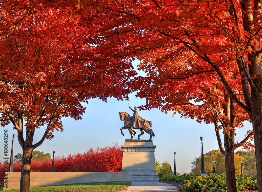 November 3, 2017 - St. Louis, Missouri - Fall foliage around the Apotheosis of St. Louis statue of King Louis IX of France in Forest Park, St. Louis, Missouri.