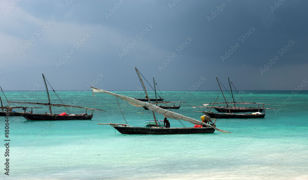 Traditional wooden sailing boats in Africa. Dhow. Traditional wooden sailing boats in Africa. Dhow.
