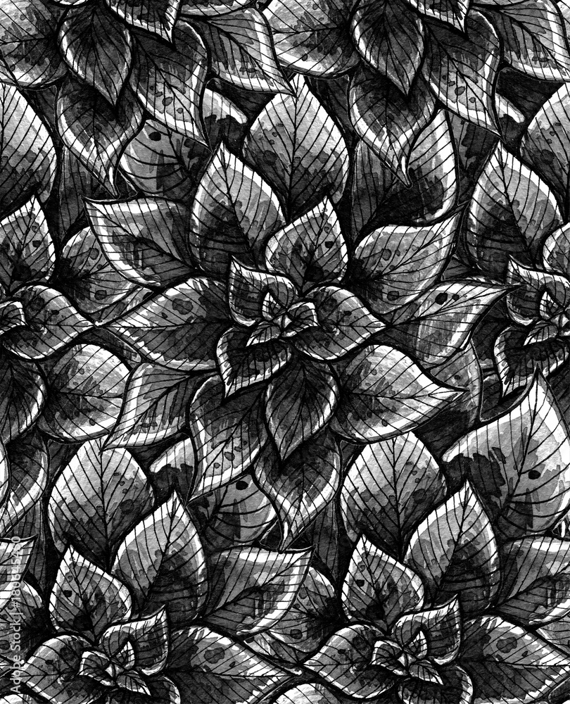 Nice seamless texture with black and white watercolor leaves. Repeating background. Tiled pattern. Nice seamless texture with black and white watercolor leaves. Repeating background. Tiled pattern.