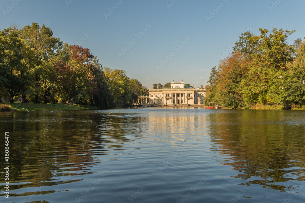 Landscape of the Palace on the Isle in the Royal Baths Park on a sunny autumnal day, Warsaw, Poland