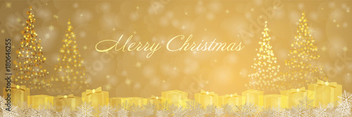 Christmas time. Christmas trees, stars and gifts in panorama. Text : Merry Christmas.