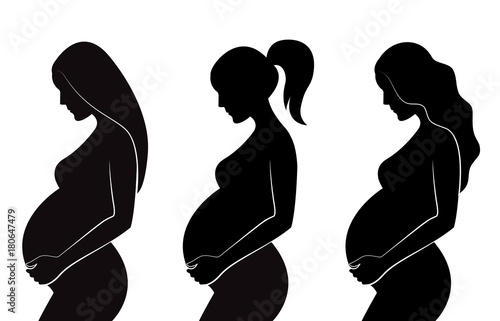 Black silhouette of pregnant women with different hairstyles: straight hair, curly hair, ponytail. Vector illustration