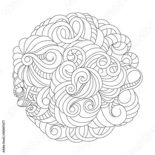 Striped abstract ornamental illustration for design, coloring. Black and white doodle. Round pattern