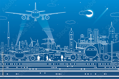 Airport illustration. Aviation transportation infrastructure. The plane is on the runway. Airplane fly, people get on the aircraft. Night city on background, vector design art
