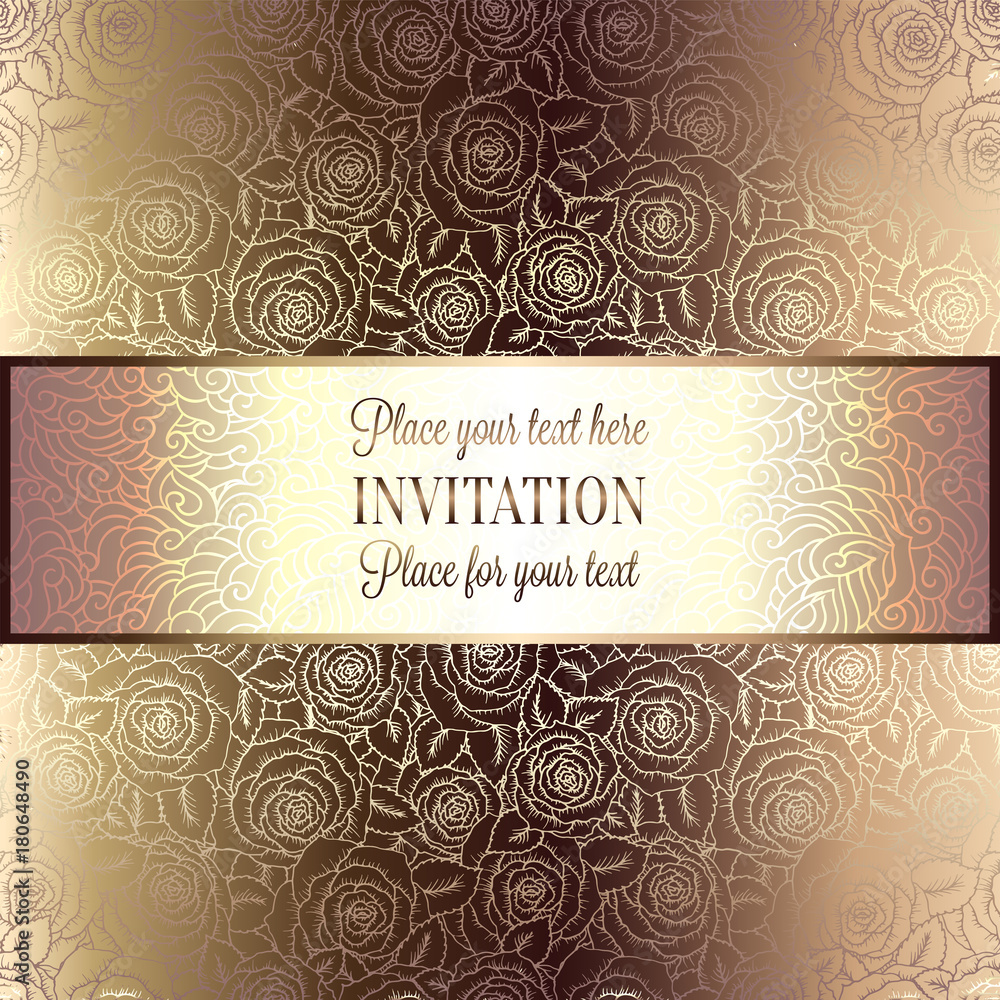 Abstract background with roses, luxury beige and gold vintage tracery made of roses, damask floral wallpaper ornaments, invitation card, baroque style booklet, fashion pattern, template for design Abstract background with roses, luxury beige and gold vintage tracery made of roses, damask floral wallpaper ornaments, invitation card, baroque style booklet, fashion pattern, template for design