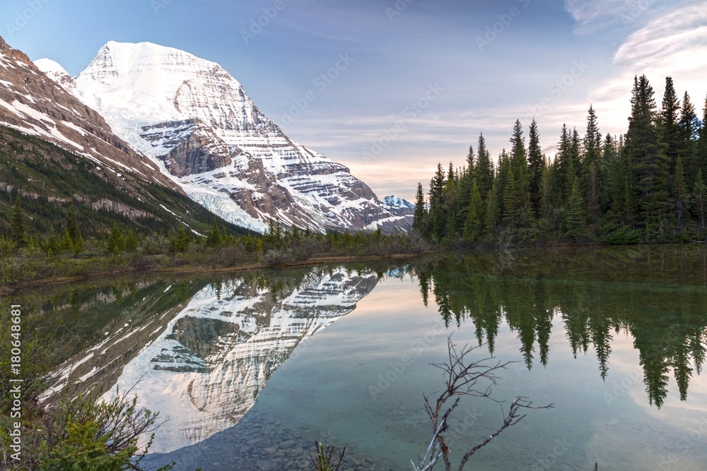 Landscape Panorama of Distant Snowy Mountain Robson Top Reflected in Water near Ranger Cabin on Berg Lake Hiking Trail Rocky Mountains British Columbia Canada