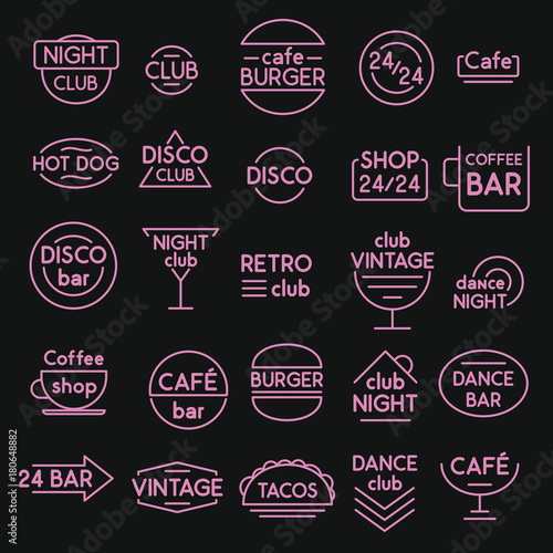 Night bar and club, coffee, cafe pink signs set. Vector illustration