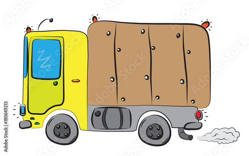 Big delivery truck with cargo crate driving on the road
