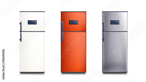 three different color fridges