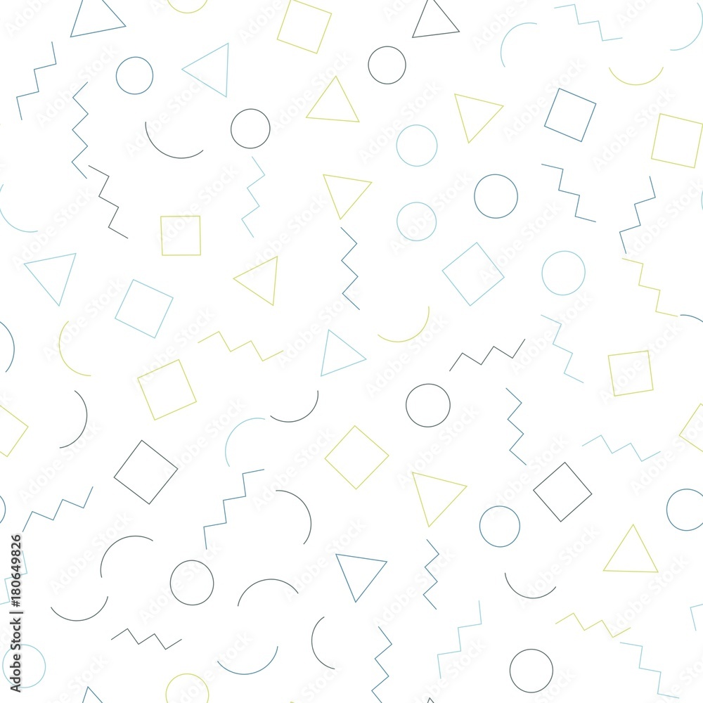 Seamless memphis geometric pattern with white background. Trendy memphis style. Vector repeating texture.