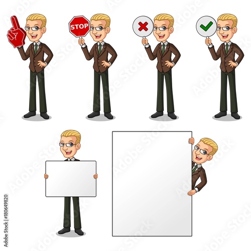 Set of blonde businessman in brown suit holding a blank empty sign board banner billboard card poster, number one big foam hand finger, stop, right correct yes and wrong no signs.