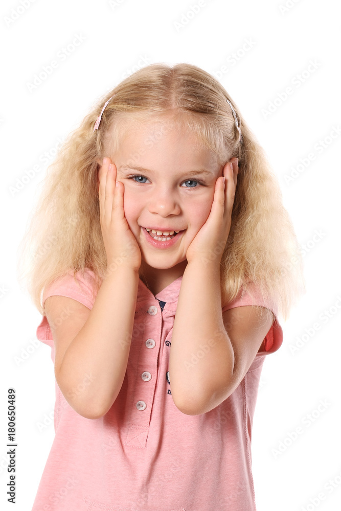 Fototapeta premium the girl is holding the cheeks on a white background