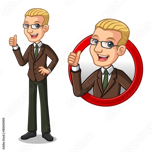 Set of blonde businessman in brown suit, inside the circle logo concept with showing like, ok, good job, satisfied sign gesture with his thumbs up.