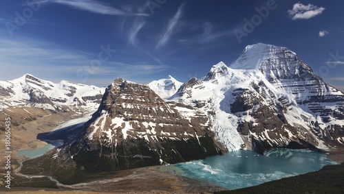 Panoramic Wide Landscape View of Distant Mount Robson and Snowy Rocky Mountain Peaks above Berg Lake in Jasper National Park British Columbia Canada
