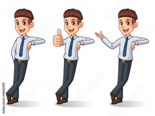 Set of businessman in shirt cartoon character design stand leaning against, isolated against white background.