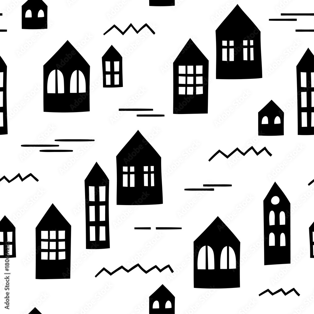 Seamless pattern with primitive houses. Vector template suitable for wrapping paper, wallpaper, textiles and bedding.