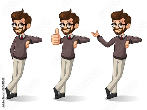 Set of hipster businessman cartoon character design stand leaning against, isolated against white background.