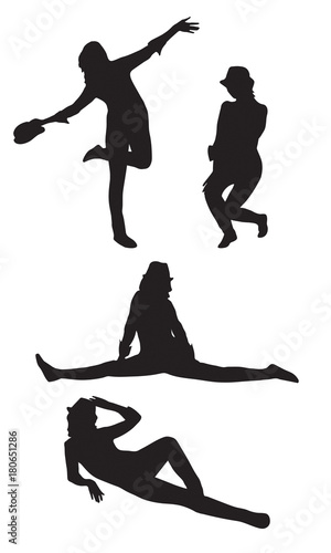 Silhouettes of a girl in a hat dancing, twining, lying