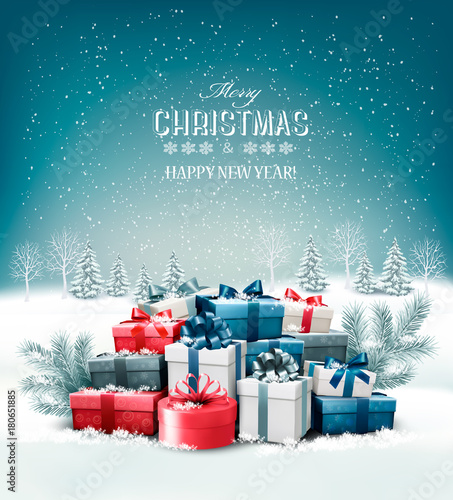 Merry Christmas Background with branches of tree and colorful gift boxes. Vector