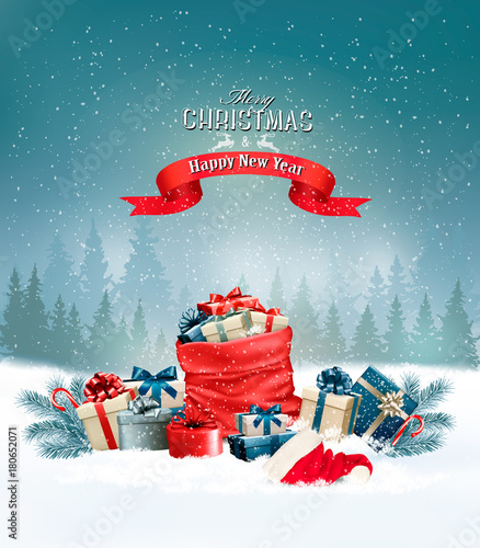 Christmas holiday background with a red sack full presents. Vector.