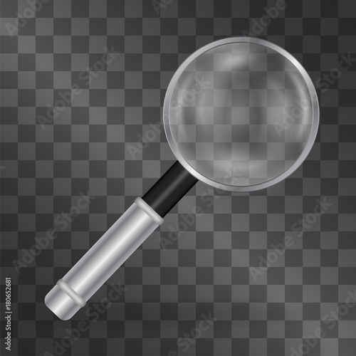 Realistic magnifying glass vector glossy optical lense to illustrate search, data or attention concept. For advertising banners, web-sites, posters. Sign of zooming precise information.