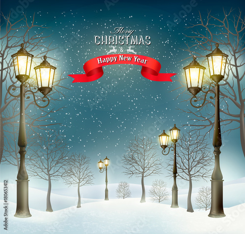 Christmas evening winter landscape with lampposts. Vector