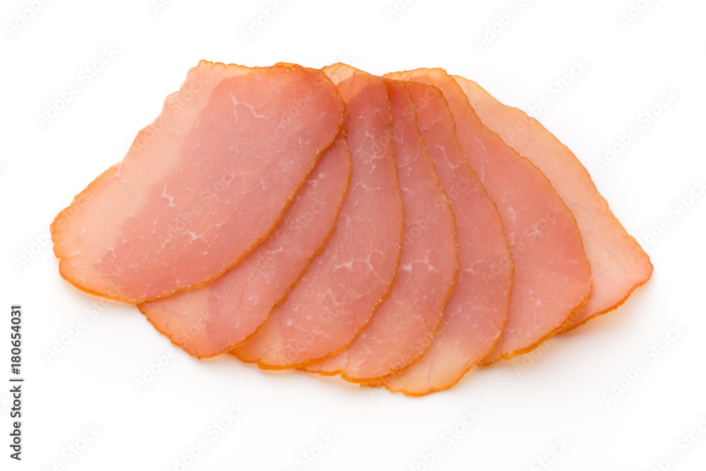 Sliced boiled ham sausage isolated on white background, top view.