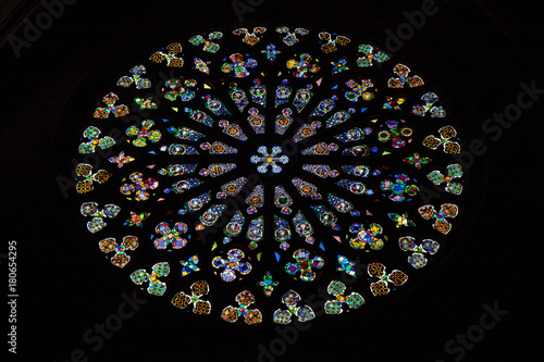 BARCELONA, SPAIN, JULY 5, 2017: Main stained glass window of the Basilica of Santa Maria del Pi