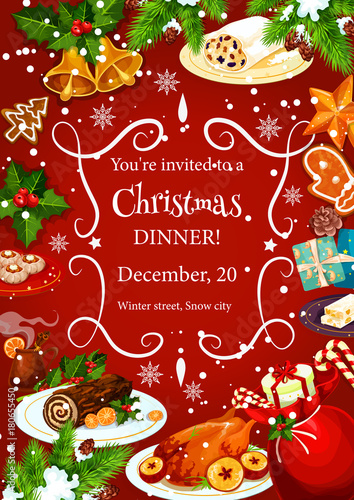 Christmas dinner invitation with festive dishes © Vector Tradition