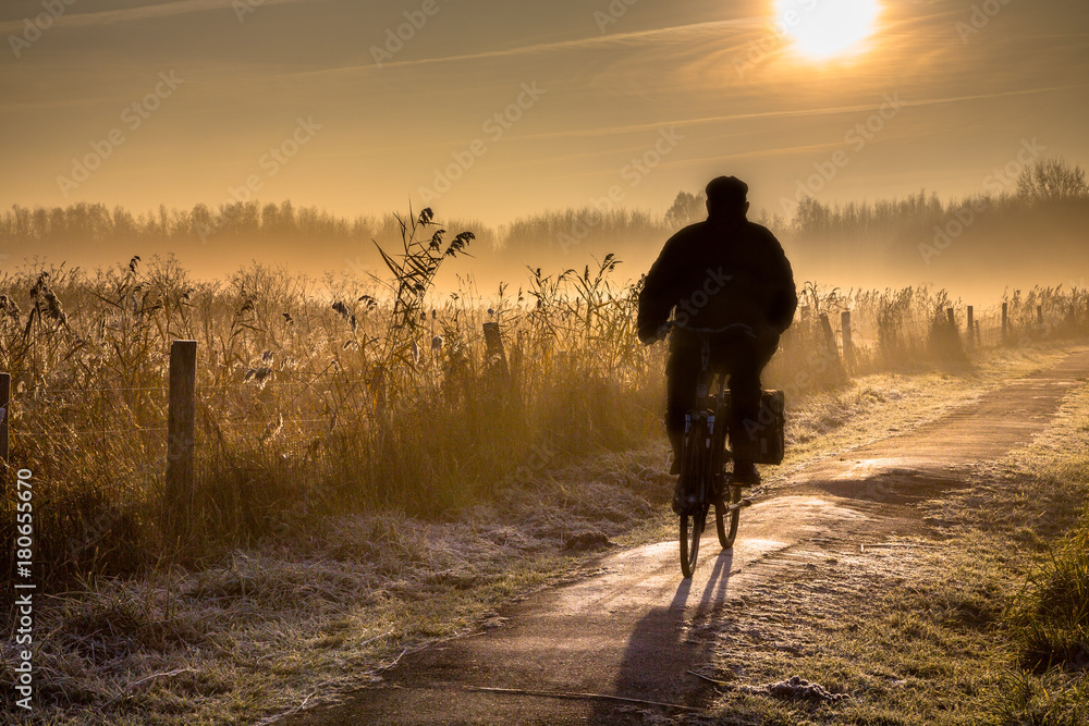 Fototapeta premium Silhouette of senior cyclist landscape