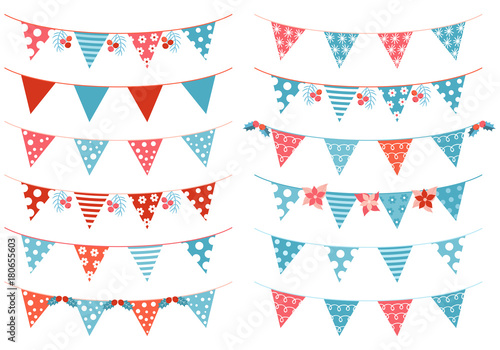 Christmas vector triangle bunting garland in blue and red colors for invitations and greeting cards