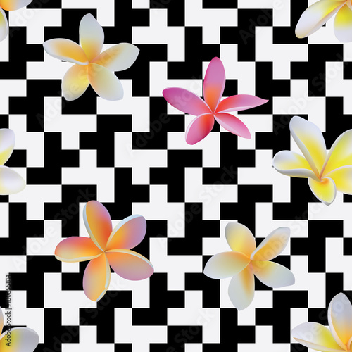 Seamless black and white mod chic op art pixel pattern with tropical flowers vector