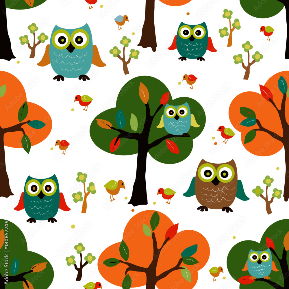 Cute owl in the forest seamless design pattern.