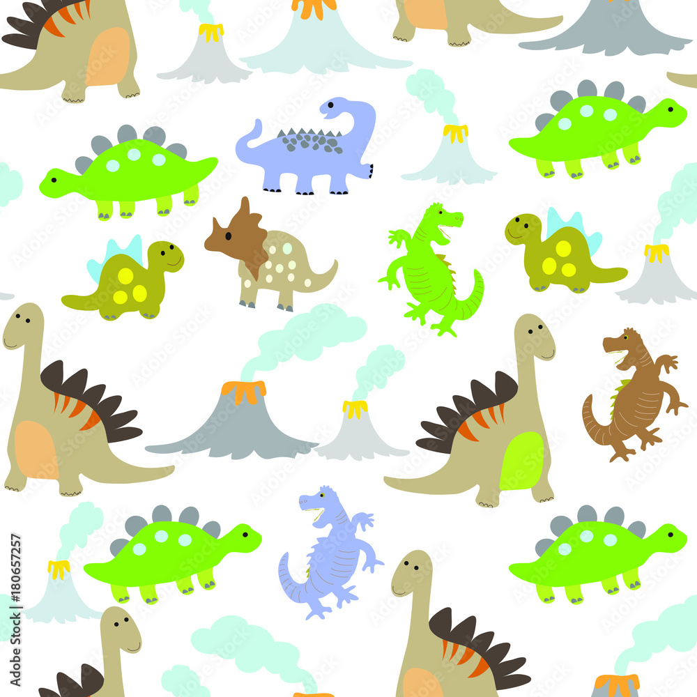 Fototapeta premium Seamless vector pattern with cute baby dinosaurs and volcano.
